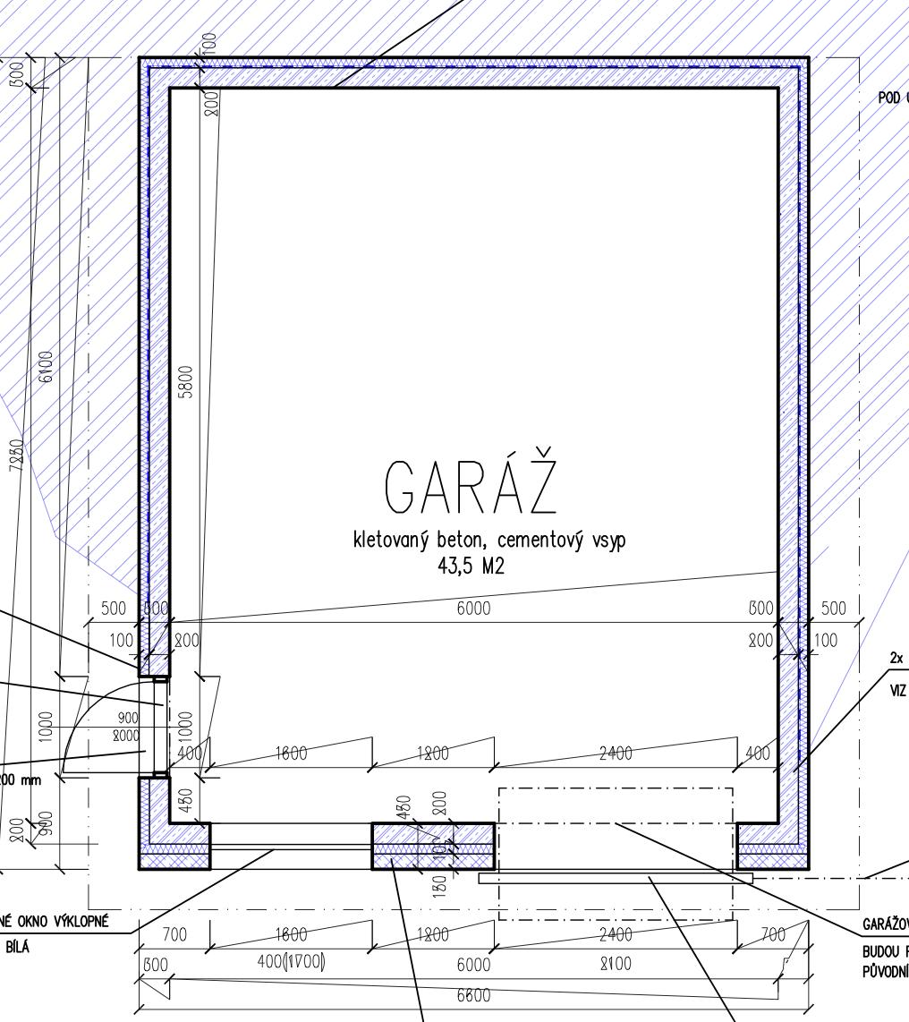 Půdorys dvojgaráže 43,5 m² – samostatný zateplený objekt se zelenou střechou, podlaha litý beton s cementovým vsypem.