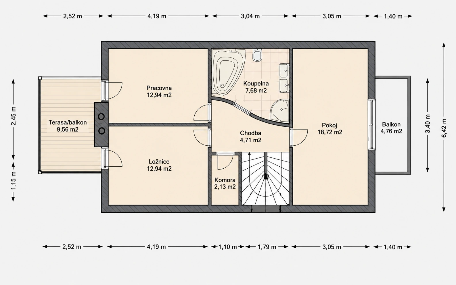 Půdorys patra: ložnice a pokoje (18,72 a 12,94 m²), pracovna 12,94 m², koupelna 7,68 m², chodba 4,71 m², komora 2,13 m², dva balkony.